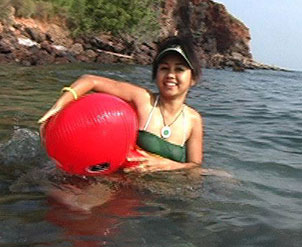Joon rides pooltoy whale naked